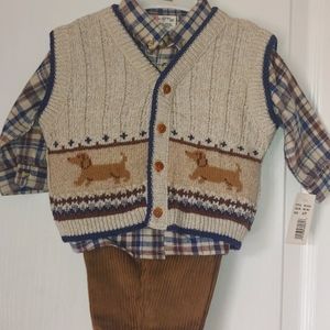 3 Pc  Dacshaund Sweater Vest & Corduroy Pants set. Size 6-9 mos